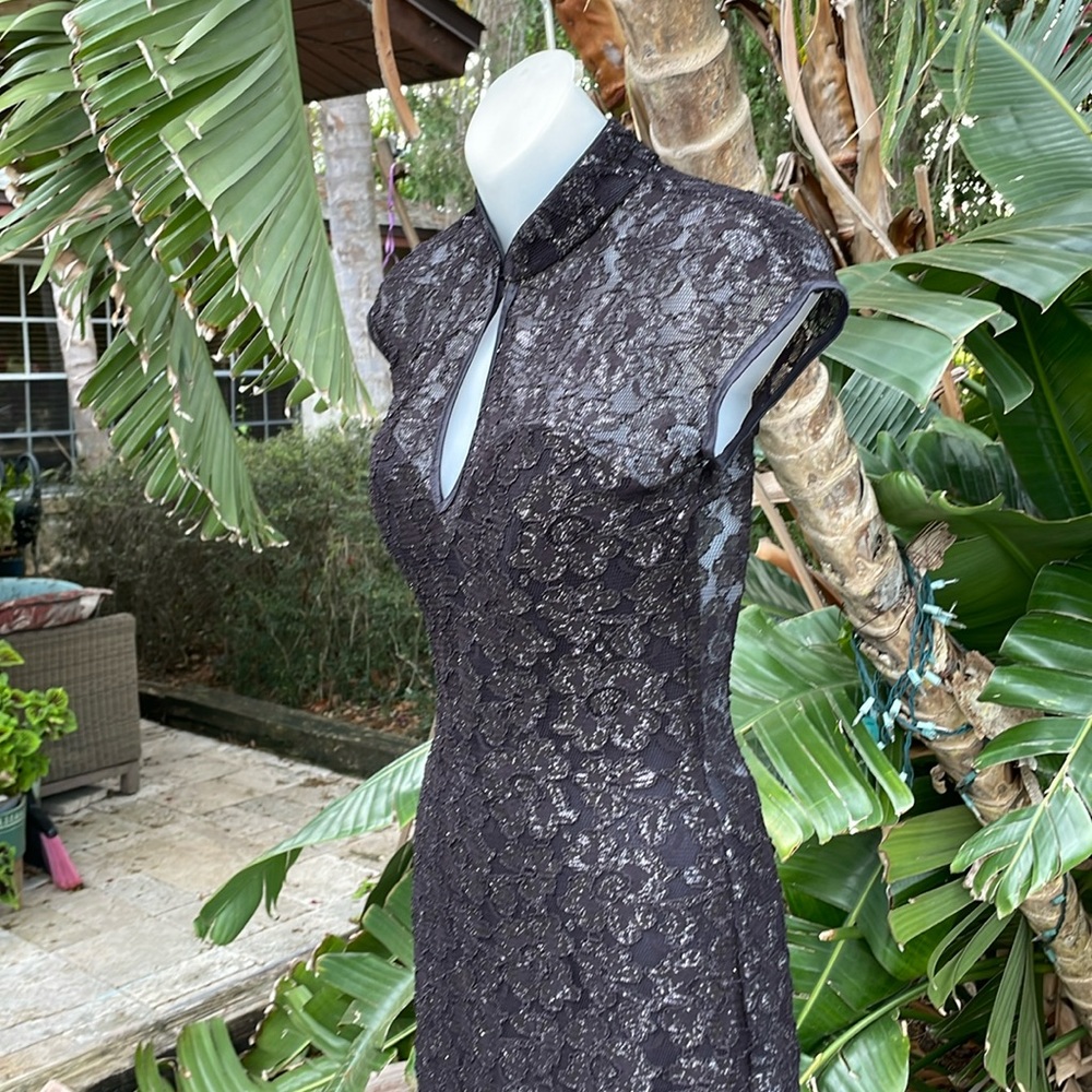 Cache metallic lace,sheer cheongsam column cocktail dress